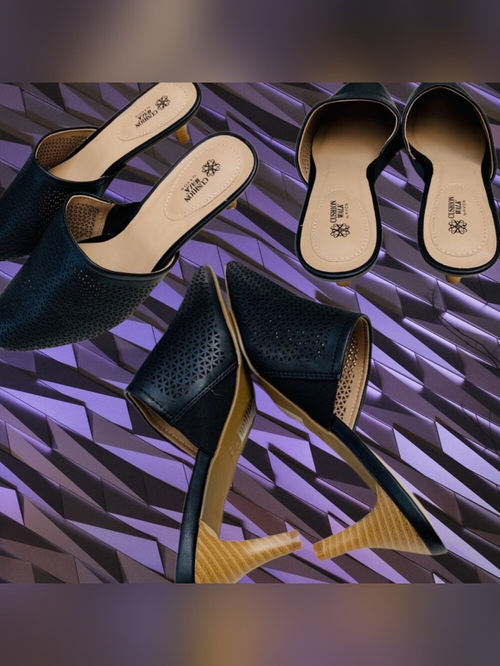 Avon Black Perforated Mule Heels with Tan Stacked Heel